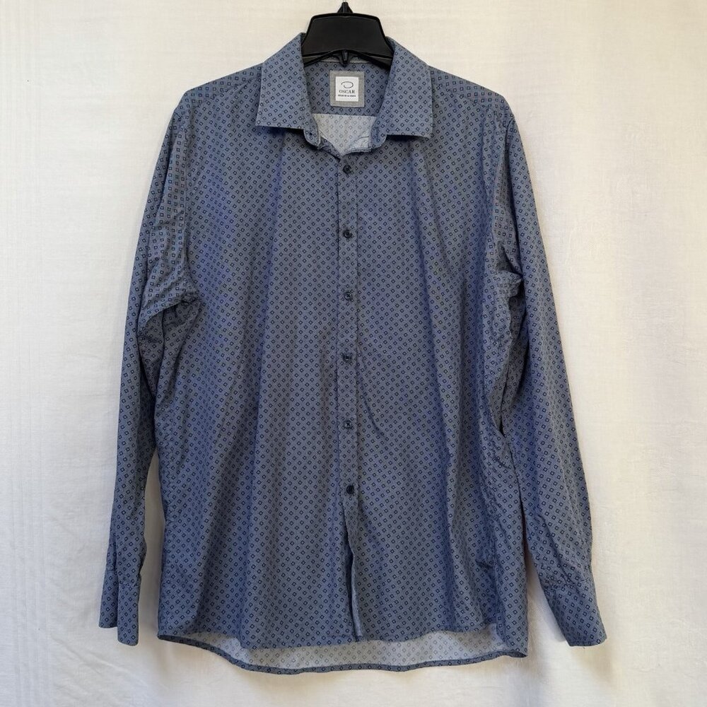 Oscar de la Renta Dress Shirt Mens XL Blue Button Up Tailored Fit Wedding Work